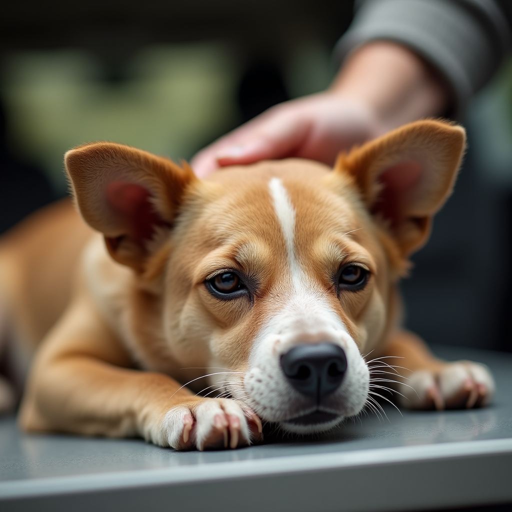 A calm, relaxed dog resting during a grooming session inside the mobile van