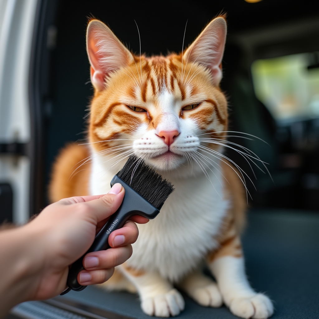Cat being gently groomed inside the mobile pet grooming van