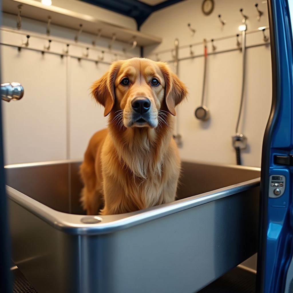 Dog receiving a gentle bath inside the mobile grooming van