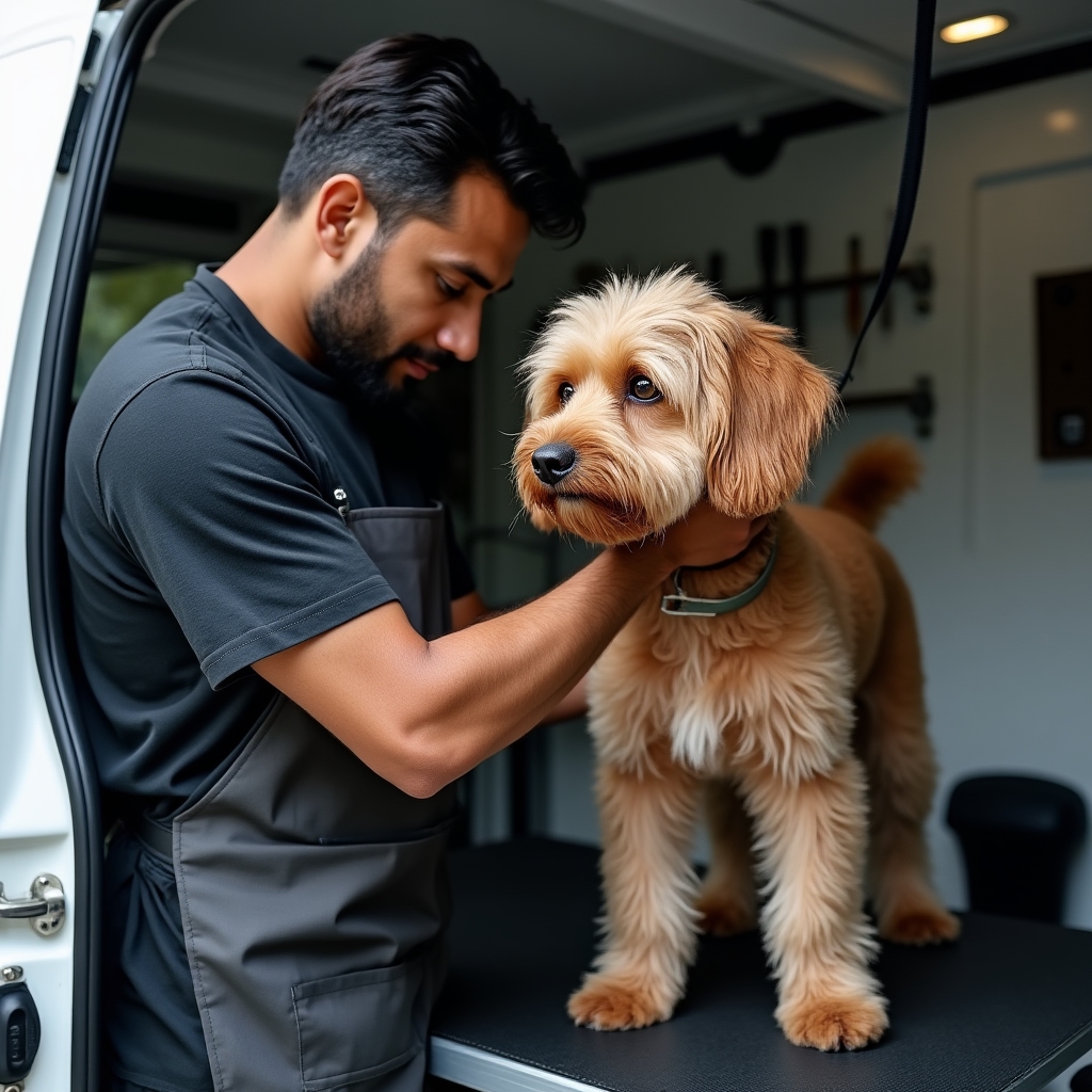 A professional groomer carefully trimming a small dog's coat inside the mobile van