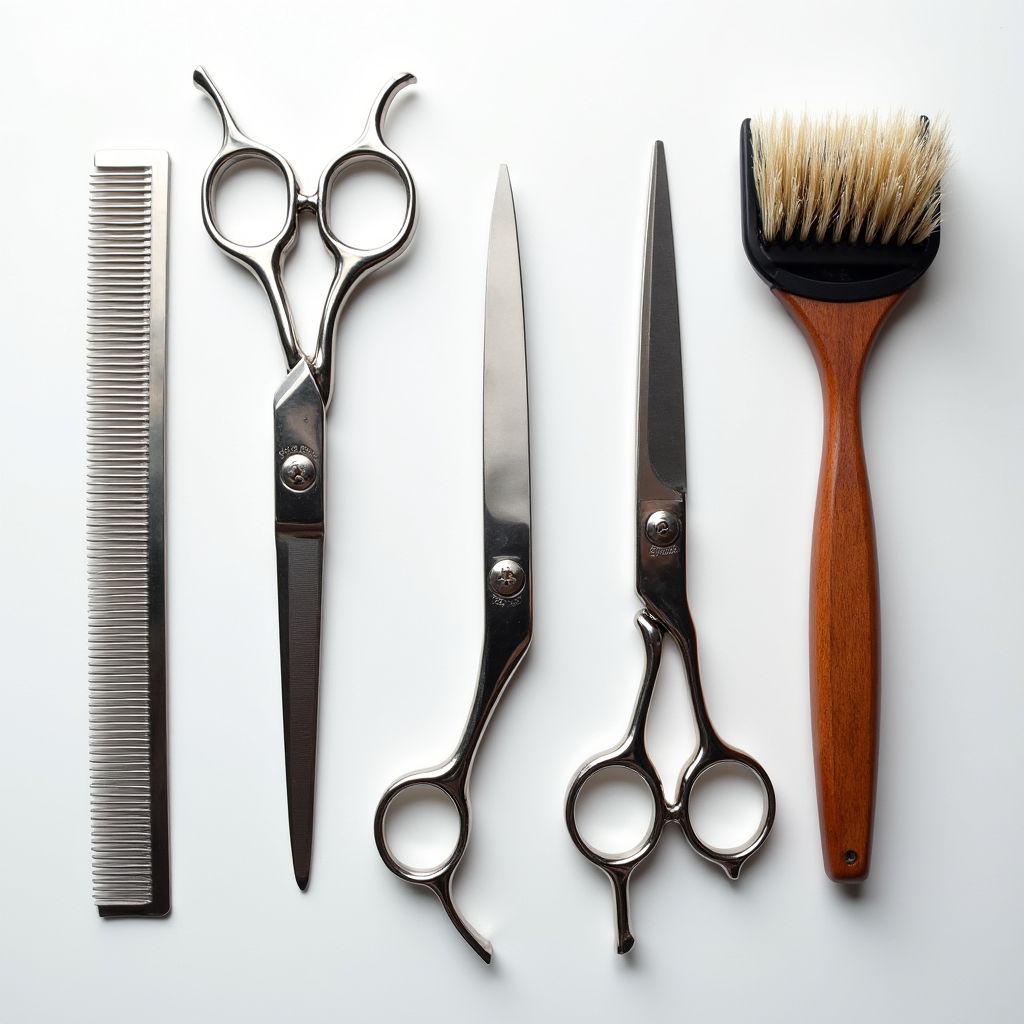 Close-up of professional dog grooming scissors and clipper blades arranged on a grooming surface
