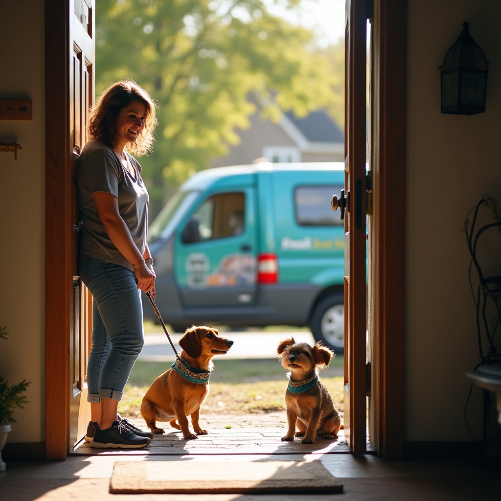 A pet owner greeting the mobile grooming van at their front door with their dog on a leash
